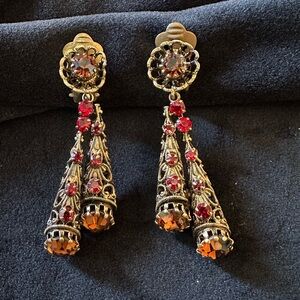 Vintage-Style Gold Filigree Drop Earrings with Red and Amber Stones